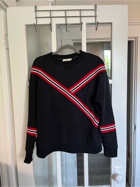 Mango Black Crewneck Sweater with Red and White Stripe Detail